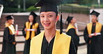 Face, excited and man at graduation outdoor of education achievement, university certificate and future. Happy, male person and student at award celebration, study success and academic event in Japan
