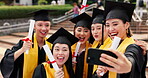 Graduation, students and selfie with diploma on campus for ceremony celebration and education milestone. Japanese people, excited friends and group with video call for success and achievement memory