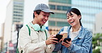 College student, man and woman with phone in city, happy and share comic meme on mobile app at campus. Couple, laughing and smartphone with coffee, travel and funny story on social network in Japan