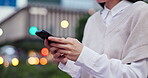 Woman, hands and phone in town of Japan, typing message and online for social media. Female person, outdoor and communication app on urban adventure, networking and internet for travel connection