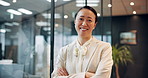 Laugh, crossed arms and face of business Asian woman with company pride, confidence or smile. Corporate office, professional worker and portrait of Japanese person for career, work or job opportunity