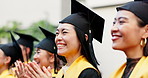 Graduation, woman and applause for success, achievement or goals at college celebration. Happy Japanese people, clapping hands and education for hope, winning students and smile for academy friends