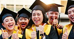 Face, thumbs up and students with graduation, education and happiness with ceremony. Portrait, people and group with hand gesture, success and achievement with knowledge, celebration and Japanese