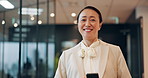 Happy, phone and face of Japanese businesswoman in office for communication, email or contact. Smile, portrait and female labor lawyer with cellphone for legal networking online for client case.