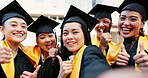 Graduation, students and selfie with thumbs up on campus for ceremony celebration and education milestone. Japanese people, excited friends and face with photography for success or achievement memory