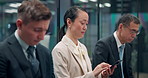 Woman, men and phone in queue at office with texting, reading and waiting room for job interview. Japanese business people, group and smartphone with row for onboarding in lobby at insurance agency