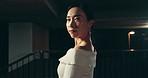 Asian woman, dancer or night with confidence in city for street performance or choreography style in Japan. Portrait, japanese or female person with fashion for ballet or professional dancing in town