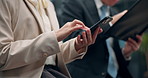 Person, phone and hands in office for business, email and update calendar app. Woman, mobile and colleagues waiting in Japanese workplace with meeting agenda, communication and productivity on break