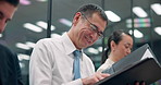 Businessman, happy and folder in office for reading, good news and smile for loan approval letter. Asian man, mature accountant or file in Japanese agency for positive performance review at coworkers