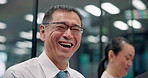 Laugh, face and Japanese businessman in office with pride for company, about us and career growth. Happy, confident and portrait of professional mature male financial advisor with joke in workplace.