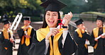 Face, excited and girl with scroll at graduation for education, achievement and university certificate. Woman, student and diploma for award celebration, studying success and academic event in Japan
