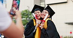 Graduation, friends and phone for success, achievement or goals at college celebration. Happy Japanese woman, diploma or education award for hope, winning students and smile for academy scholarship