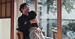 Father, girl and hug of Japanese family in home with love, care and support together with smile. Happy, cute and youth development by living room window on weekend with fun and joy from embrace