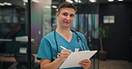 Happy man, nurse and writing with clipboard for medical prescription, patient records or health insurance at hospital. Portrait, male person or young intern with clinic notes for healthcare in Japan