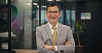 Japanese, businessman and face with confidence in office, professional career and pride with smile. Portrait, male person and mature financial advisor with arms crossed, happy and about us in company
