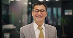 Japanese, businessman and face with pride in office, professional career and ambitious with smile. Portrait, male person and mature financial advisor with confidence, happy and about us in company
