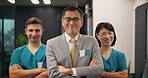 Arms crossed, face and medical with team of people in Japan hospital for chief of medicine, leadership and doctors. Healthcare supervisor, solidarity and nurse with group of employees in clinic