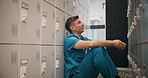 Crying, fail and doctor with man in locker room for depression, mental health and frustrated. Burnout, fatigue and bad news with person in Japan hospital for medical emergency, mistake and fear