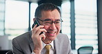 Man, happy and phone call in office for business, connectivity and job opportunity for growth. Mature accountant, glasses and tech in Japanese firm for communication, good news or investment feedback