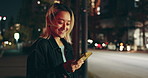 Night, happy woman and phone in city for social media, contact and funny text message in Tokyo. Japanese girl, mobile or smile on sidewalk for travel planning, communication or status update at bokeh