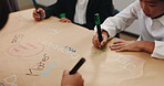 Japanese, kids and writing for education in class with language development, literacy game and learning. Above, students and fun lesson for english translation, bilingual study and creative in Japan
