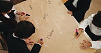 Japanese, children and writing for learning in class of language development, literacy game and education. Above, students and fun lesson of english translation, bilingual study and creative in Japan