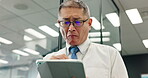 Business, tablet and thinking with mature man in office for corporate planning or problem solving. Glasses, idea and technology with corporate Japanese employee in workplace for online research