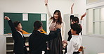 Hands together, support and education with Japanese people in classroom for learning, success and celebration. Teamwork, winner and solidarity with Asian students at school for teacher and friends