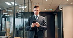 Business man, phone and texting in corridor with reading, smile and contact with mobile app at company. Japanese person, smartphone and click with notification, check or proposal at insurance agency