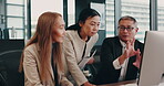 Coaching, report and computer with business people in Japan office for teamwork, mentor and consultant. Discussion, brainstorming and meeting with employees for project, proposal and learning
