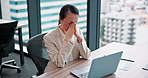 Woman, laptop or headache in office with stress, pain or corporate burnout in business. Mature employee, tech or migraine in Japanese agency with brain fog, financial mistake and frustrated with work