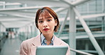 Face, tablet and Asian business woman in office lobby, airport or check email. Technology, portrait and Japanese person working on internet, professional entrepreneur or travel agent with booking app