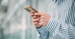 Hands, typing and businessman with mobile in office for networking, check email and text message in Japan. Phone, closeup and worker on internet for chat app, forum or salesman review budget online