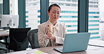 Woman, laptop or wrist pain in office with stress, arthritis or burnout in business. Mature employee, tech or joint injury in Japanese firm with tendinitis, accident or overworked with muscle fatigue