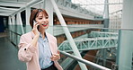 Business, phone call and woman with smile, walking and connection with network, conversation and app. Japanese person, journalist and employee with cellphone, talking and happiness with discussion