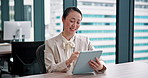 Research, business or happy Asian woman on tablet in corporate office for news information. Finance, report or financial broker on technology in company for equity, stock growth or online investment
