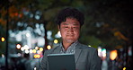 City, tablet and business Asian man at night for communication, typing email and networking. Professional, corporate and Japanese worker on digital tech for connection, contact and email in town