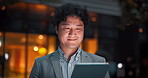Happy, tablet and business Asian man at night for communication, typing email and networking. Professional, corporate and Japanese worker on digital tech for connection, contact and email in city