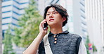 Japanese man, phone call and talking in city, travel and listening to contact for information. Asian person, outdoor and mobile conversation for communication, news update and connection for story