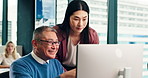 Meeting, computer and businesswoman with manager in office for help on finance report or capital gain. Discussion, tech and financial advisor with mentor with investment planning for profit in Japan.