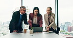 Business people, laptop and report with meeting, collaboration and documents for growth strategy. Japanese company, proposal and infographics for planning, teamwork discussion or research review