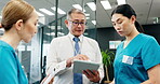 Nurse, businessman or doctor in hospital with tablet, healthcare check or medical research. Japanese people, clipboard or Asian director of safety with clinical results, review or feedback in Japan