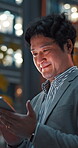 Phone, typing and night with business with Japanese man in city for online report, contact or chat. Networking, communication and email with employee and mobile for website launch, technology and app