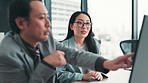 Japanese woman, computer and business team talking for solution, planning and problem solving. Collaboration, brainstorming and project discussion on pc for finance, sales report and company budget
