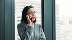 Asian woman, business or window with phone call for discussion, conversation or proposal idea at office. Japan, female person or consultant talking on mobile smartphone for communication at workplace