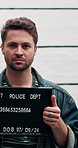 Face, man and mugshot for arrest at police station of identity frame, investigation and legal photography. Male prisoner, flashlight and billboard of public safety, crime violations and inmate number