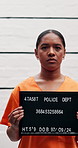 Face, woman and mugshot for arrest at police station of identity frame, investigation and legal photography. Male prisoner, question and billboard of public safety, crime violations and inmate number