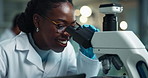 Scientist, black woman and microscope with smile for research, experiment and medical chemistry. Chemical analysis, expert and happy with liquid inspection for pharmaceutical study report success