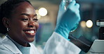 Scientist, black woman and chemical beaker with microscope for chemistry, experiment and medical research. Smile, analysis and expert with liquid inspection for pharmaceutical or pathology study