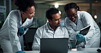 Scientists, team or night with technology for collaboration, healthcare results or experiment together at labratory. Science, group or employees working late on laptop or tablet for medical discovery